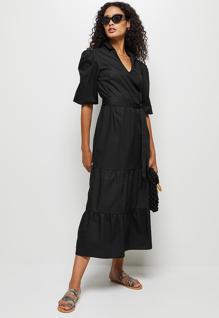 edit - 3/4 Sleeve collar tiered shirt dress - black