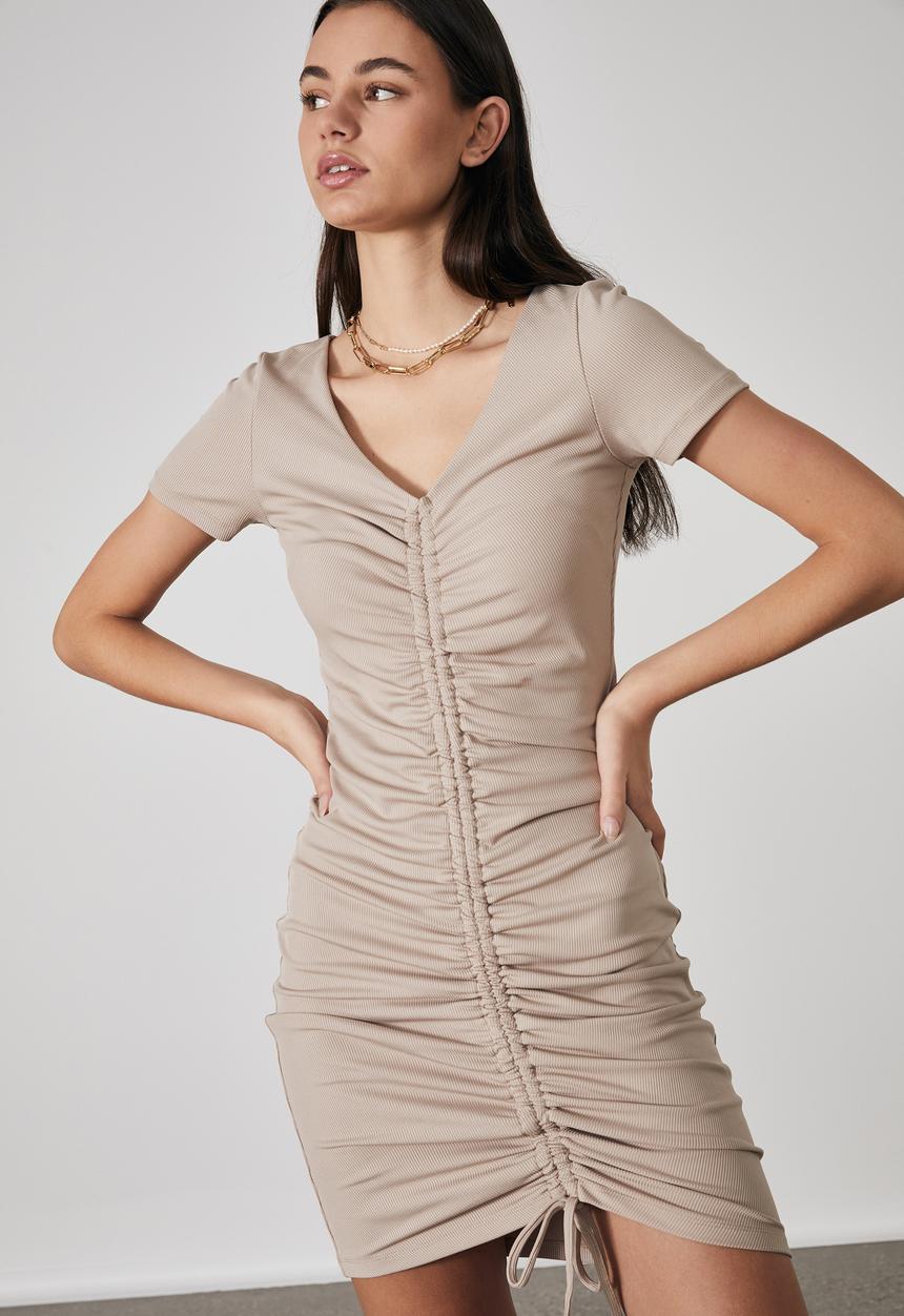 Factorie - Ruched front short sleeve dress - brown mushroom
