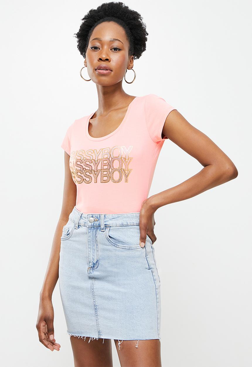 SISSY BOY - Basic round neck fitted top with cap sleeves and mix foil print and bling logo - pink