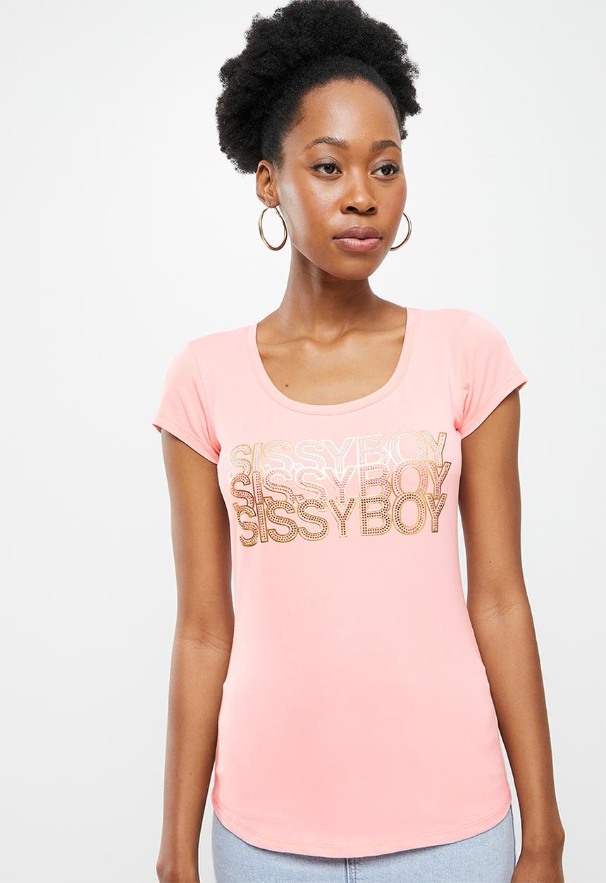 SISSY BOY - Basic round neck fitted top with cap sleeves and mix foil print and bling logo - pink