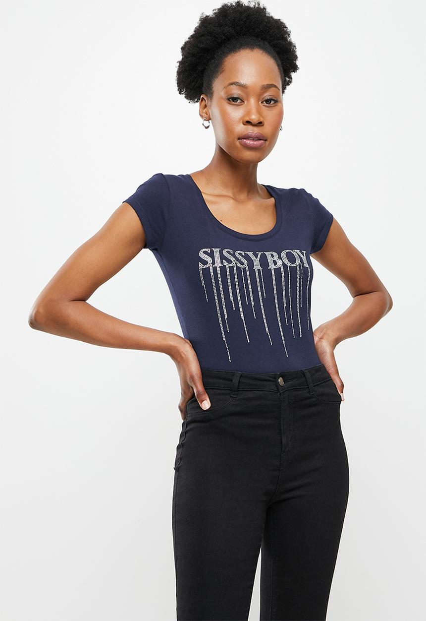 SISSY BOY - Basic round neck fitted top with cap sleeves and bling logo -navy 