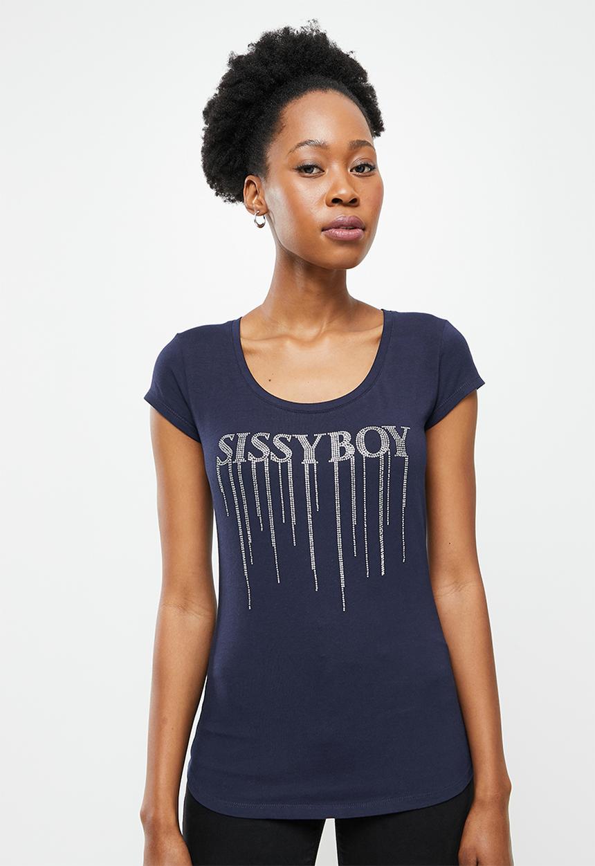 SISSY BOY - Basic round neck fitted top with cap sleeves and bling logo -navy 