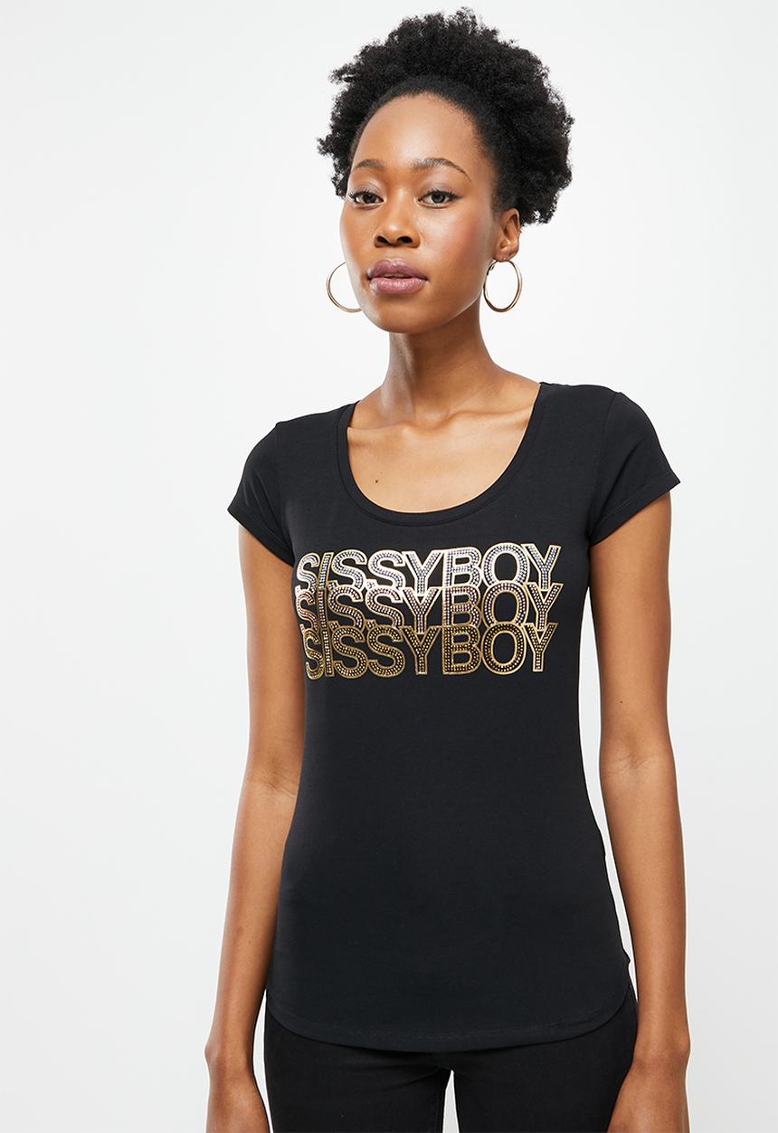 SISSY BOY - Basic round neck fitted top with cap sleeves and mix foil print and bling logo - black