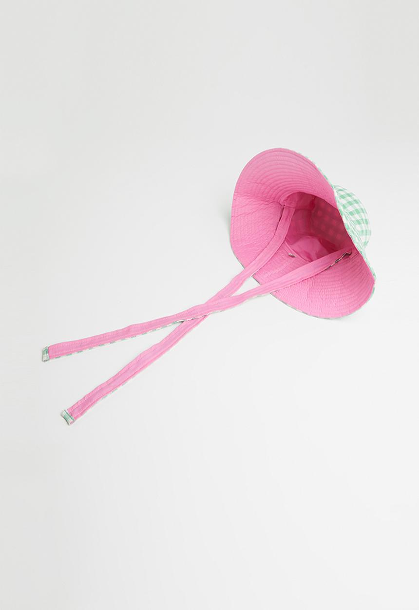 Me&B - Reversible sun hat with long ties - green & pink 
