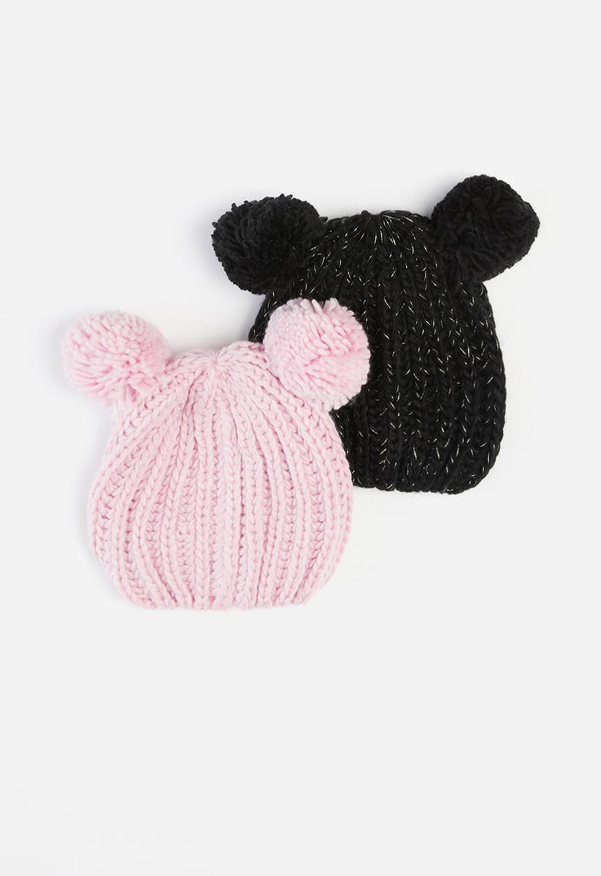 MINOTI - Girls 2 pack pom pom hats - pink & black 