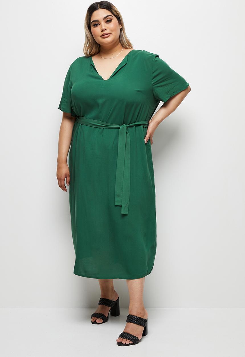 edit Plus - Notch neck belted column dress - trekking green