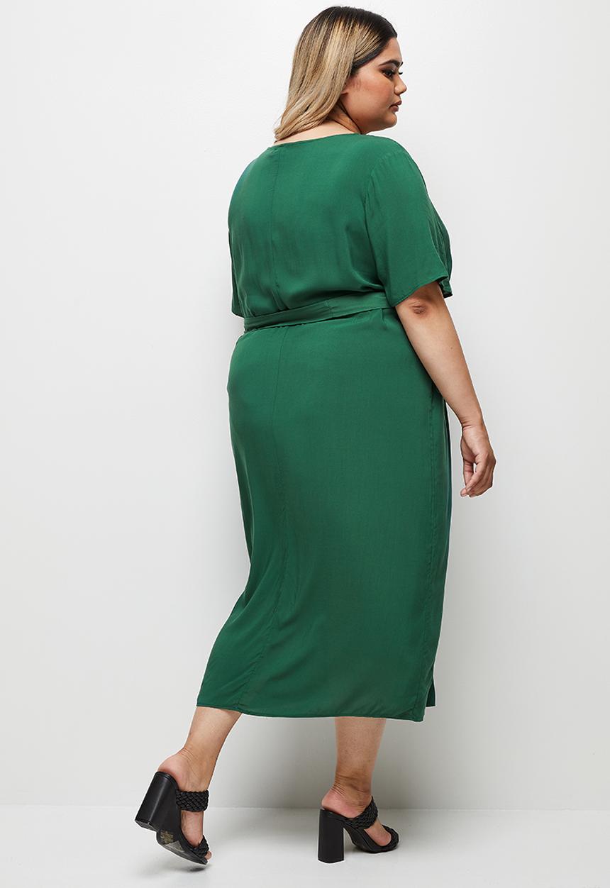 edit Plus - Notch neck belted column dress - trekking green