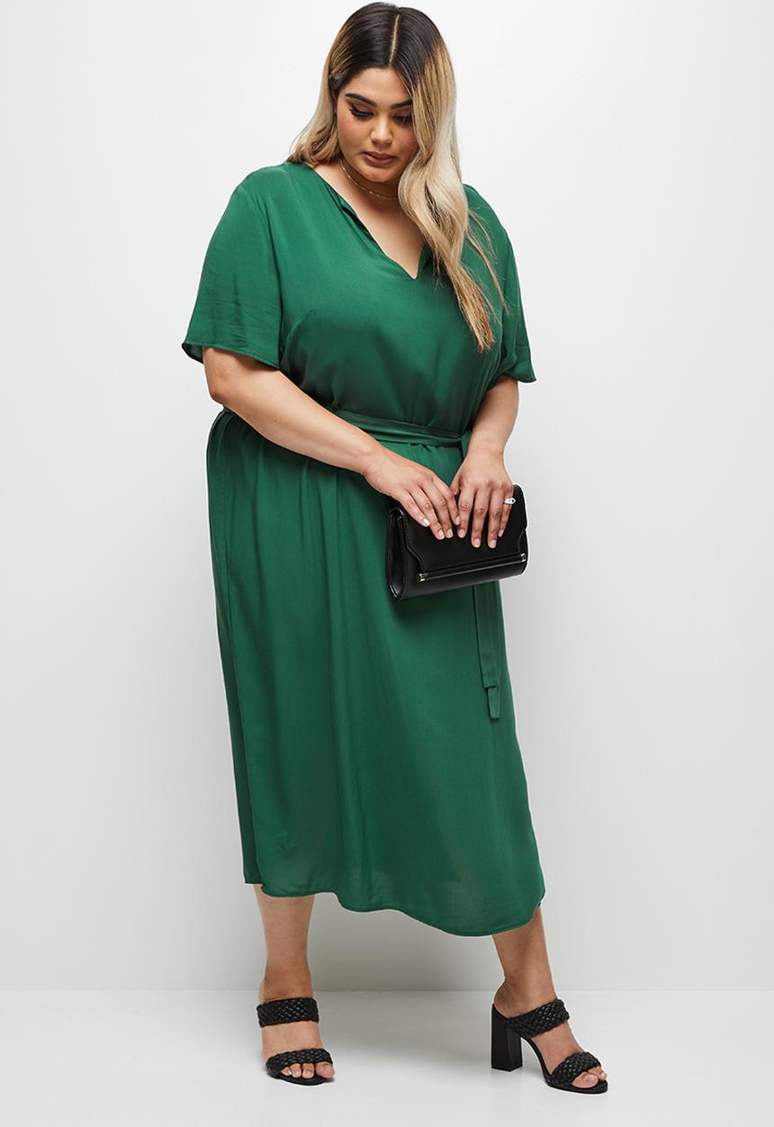 edit Plus - Notch neck belted column dress - trekking green