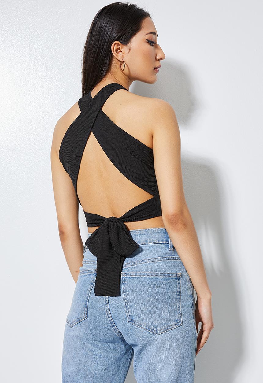 VELVET - Halter crossover back tie top - black