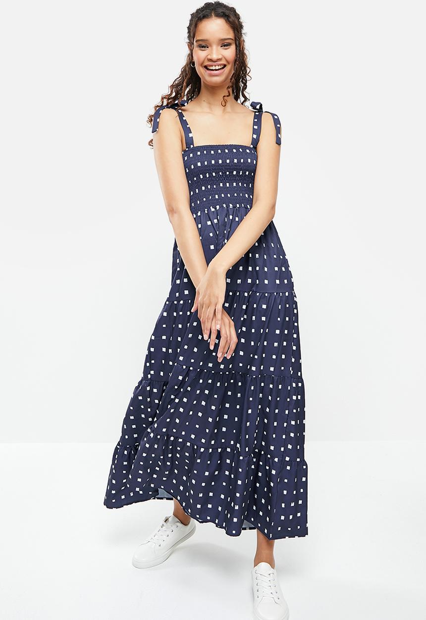 dailyfriday - Square neck tiered dress - navy & white
