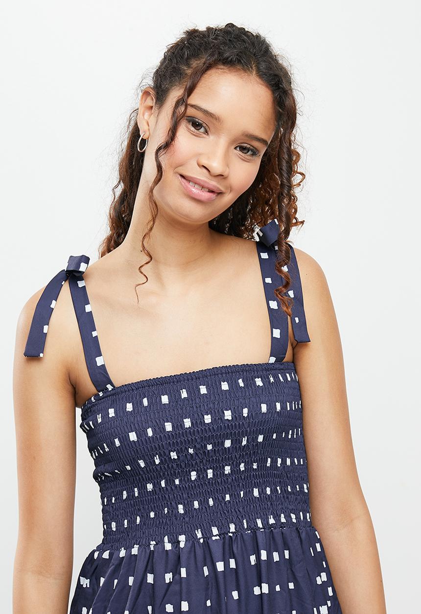 dailyfriday - Square neck tiered dress - navy & white