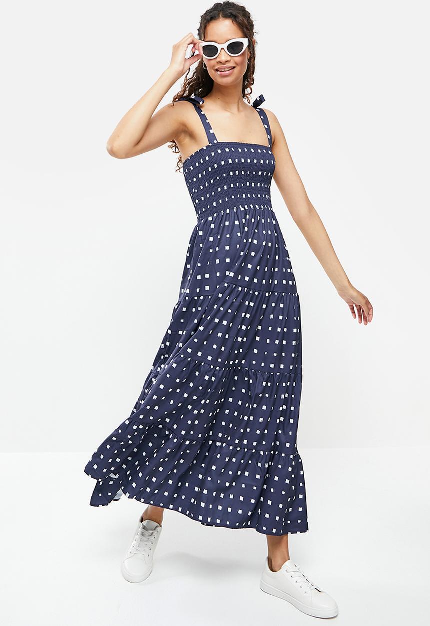 dailyfriday - Square neck tiered dress - navy & white