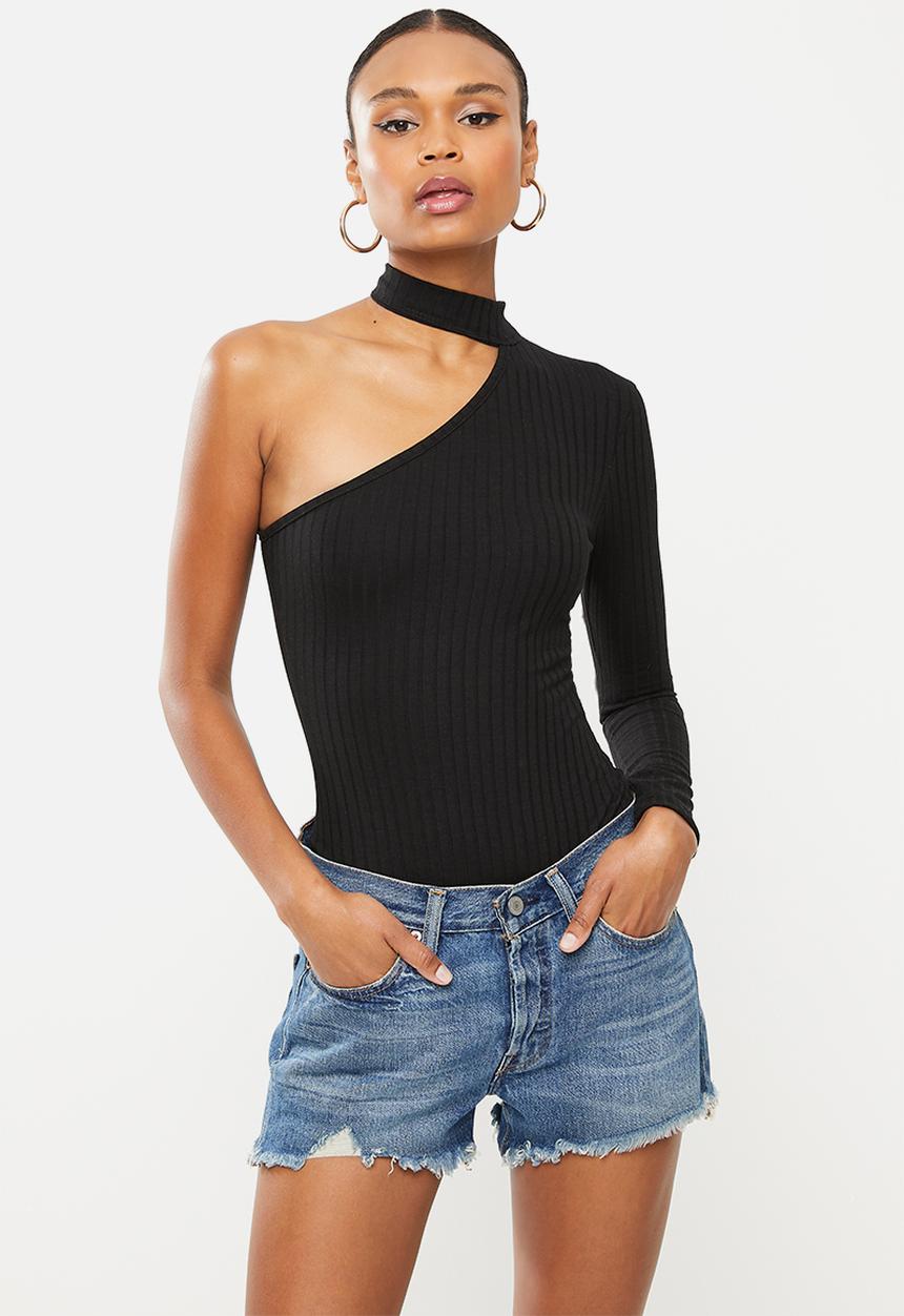 Missguided - High neck one shoulder ribbed bodysuit - black
