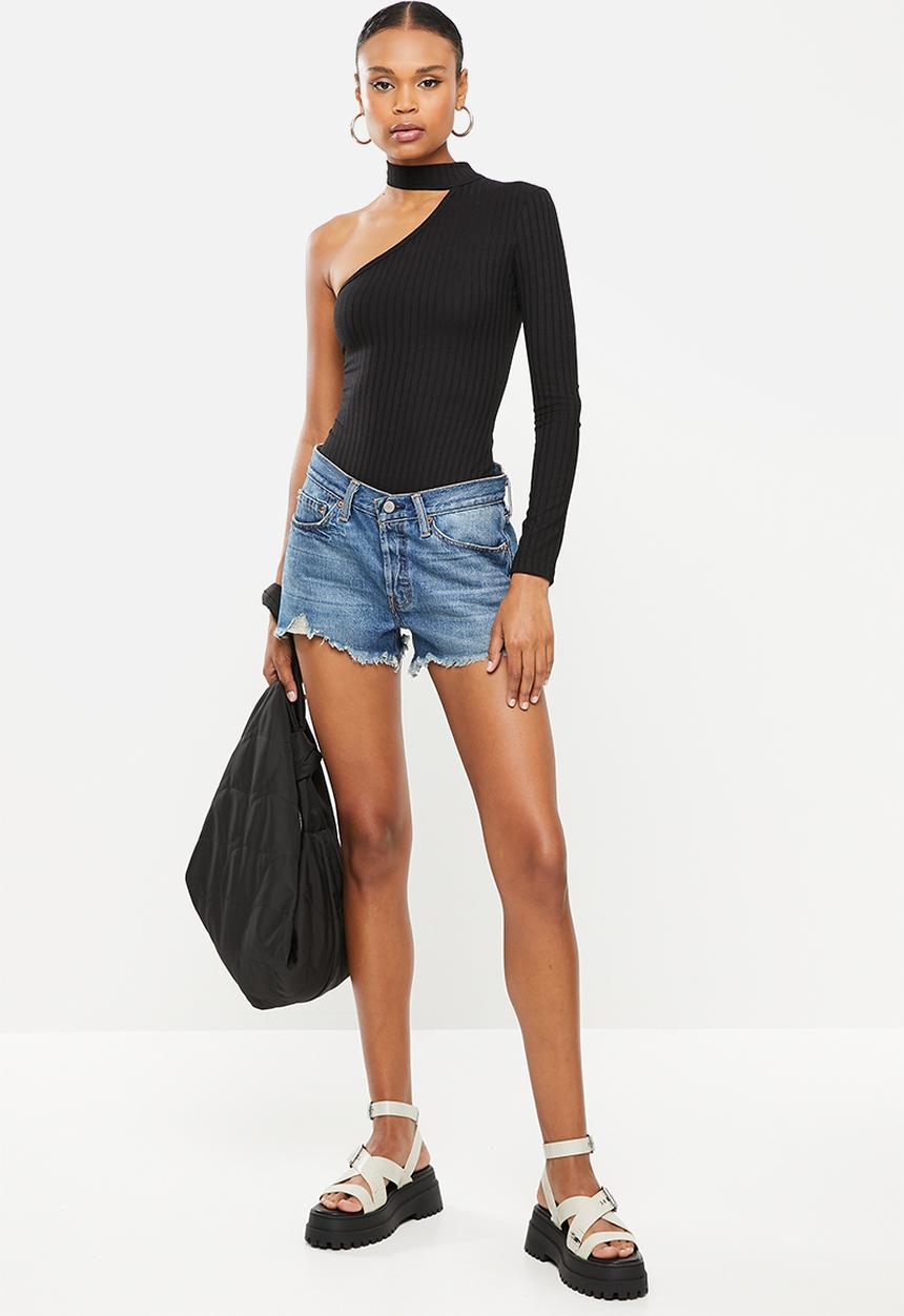 Missguided - High neck one shoulder ribbed bodysuit - black