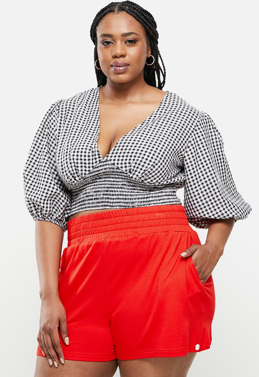 Me&B - Plus puff sleeve woven top with shirred basque - black & white 