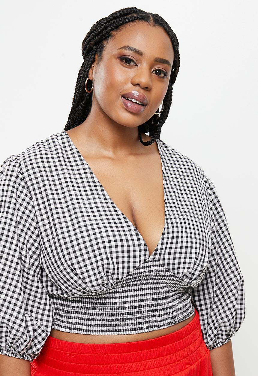 Me&B - Plus puff sleeve woven top with shirred basque - black & white 