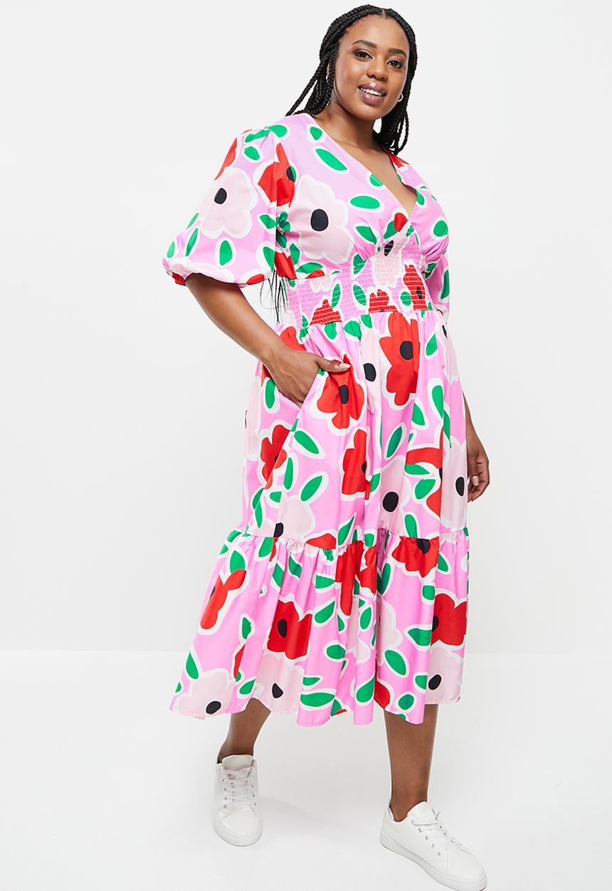 Me&B - Plus shirred basque midi dress with puff sleeves - multi 