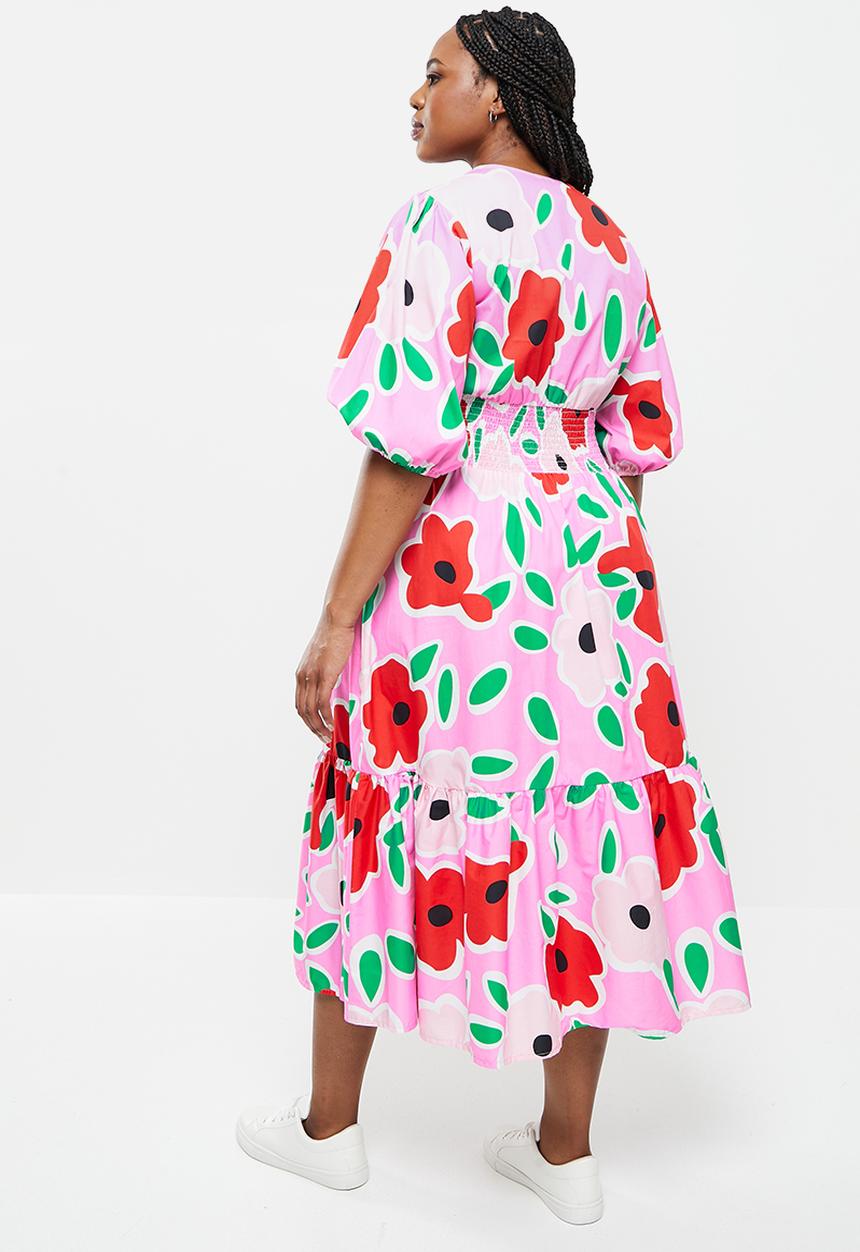 Me&B - Plus shirred basque midi dress with puff sleeves - multi 