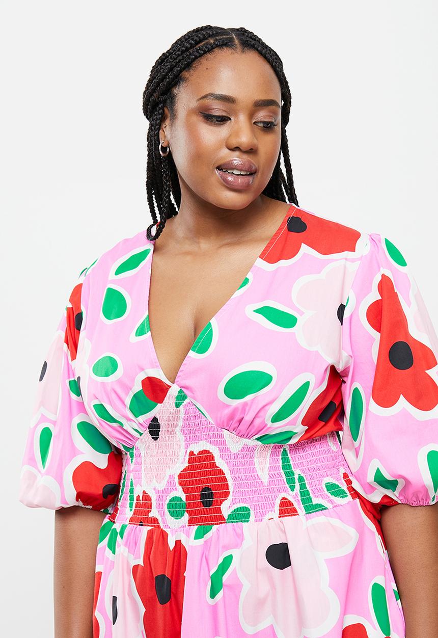 Me&B - Plus shirred basque midi dress with puff sleeves - multi 