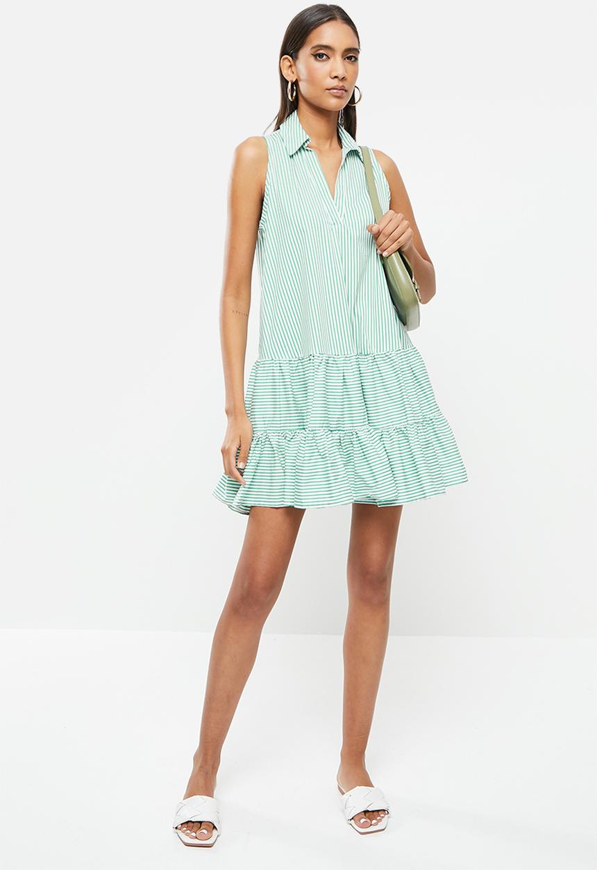 SISSY BOY - Sleeveless poplin dress with tiers - green & white 