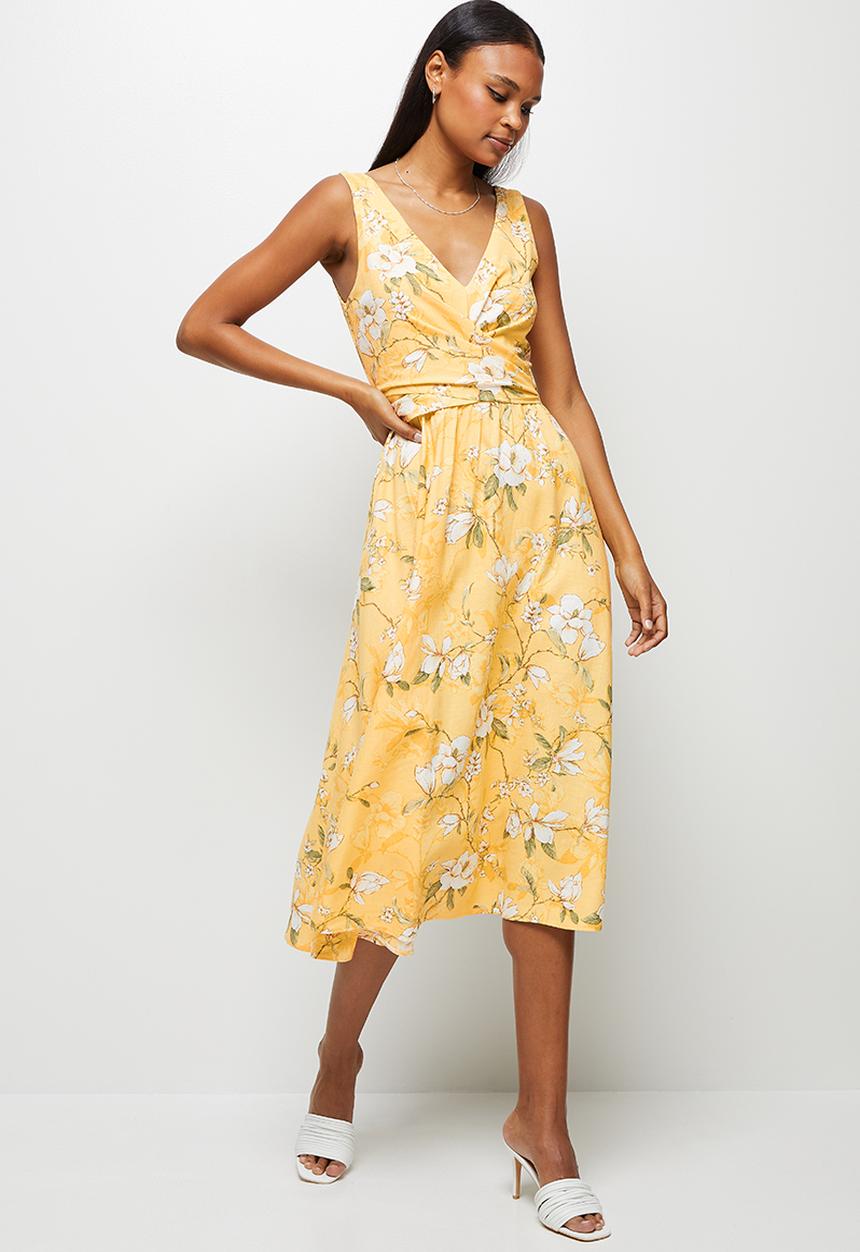 MILLA - Wrap bodice midi dress - yellow floral
