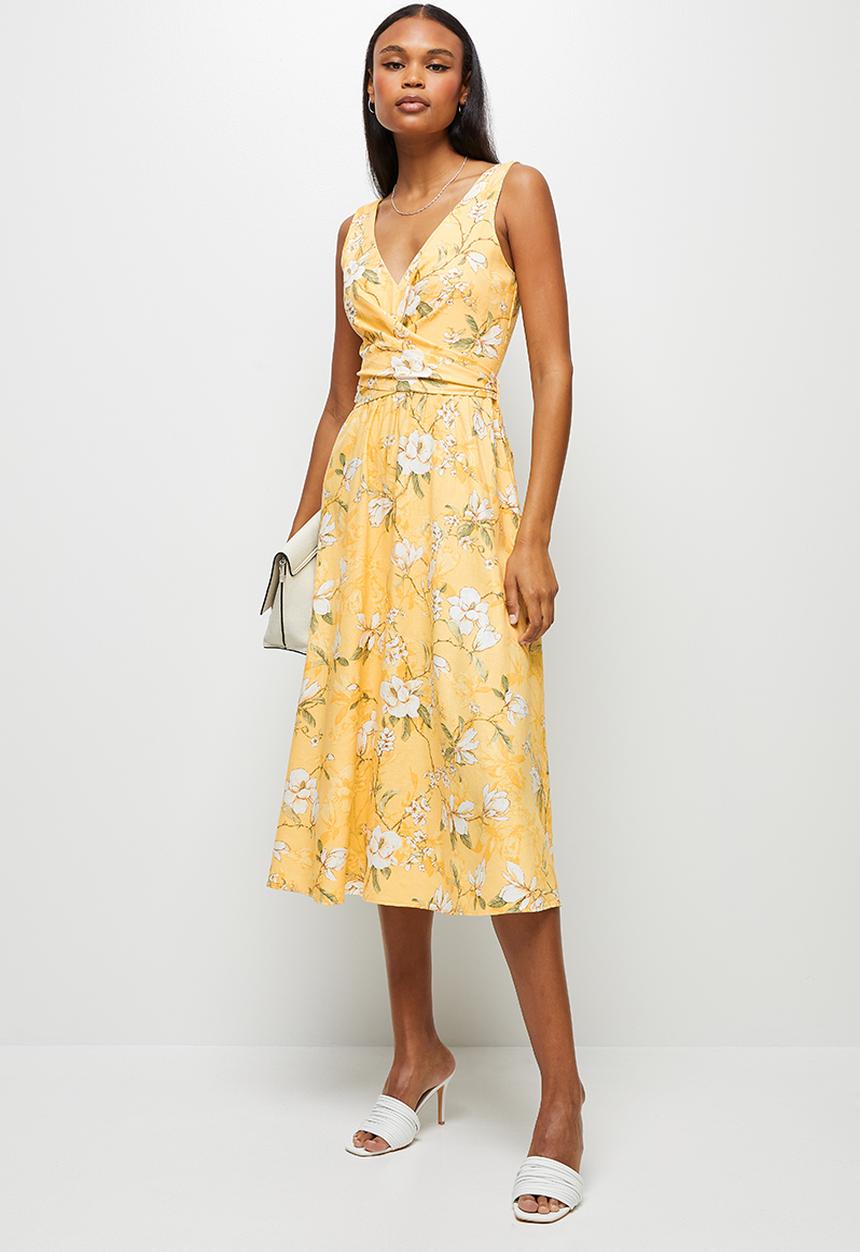 MILLA - Wrap bodice midi dress - yellow floral