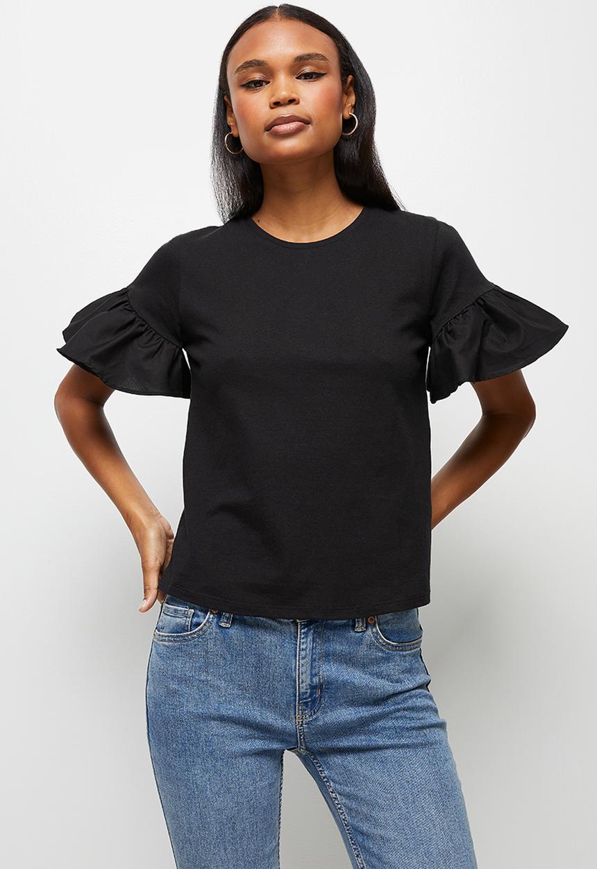 MILLA - Ruffle sleeve boxy tee - black 