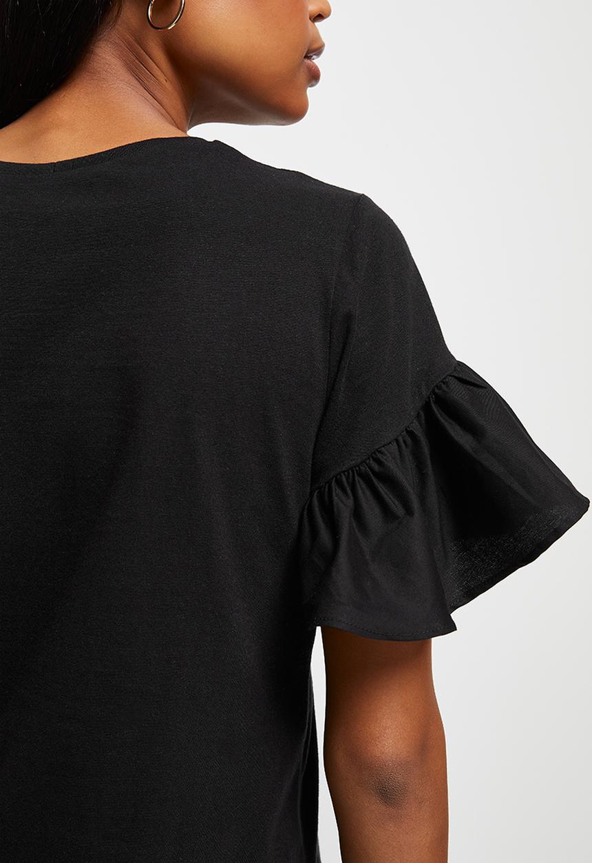 MILLA - Ruffle sleeve boxy tee - black 