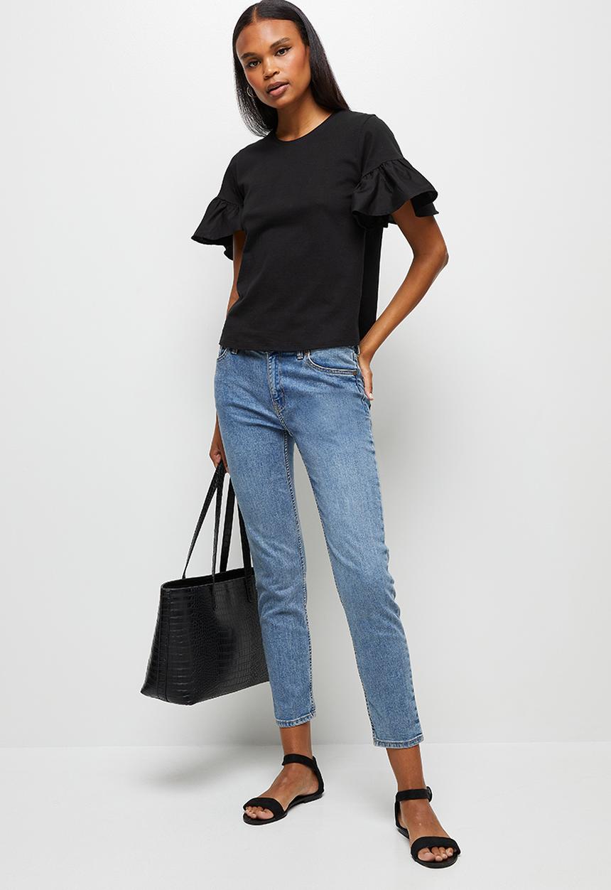 MILLA - Ruffle sleeve boxy tee - black 