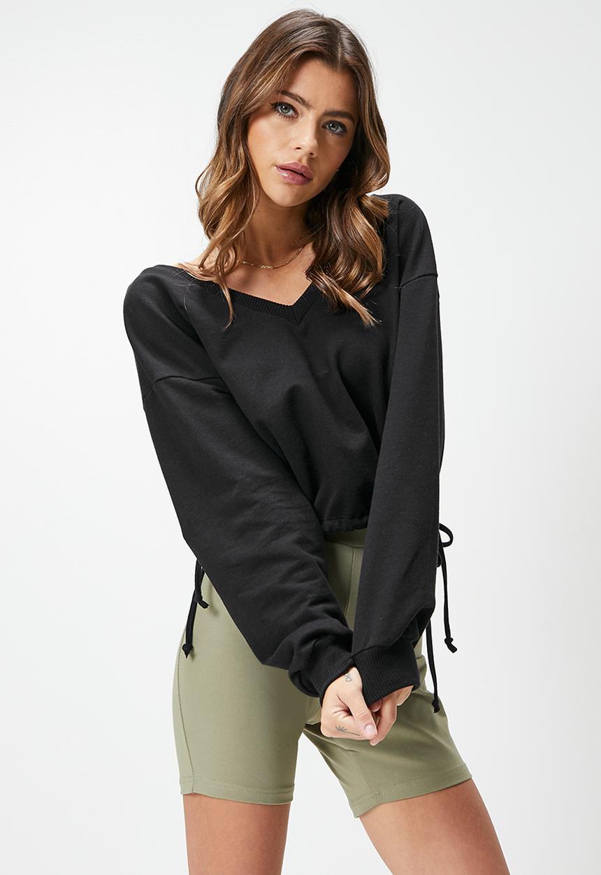 Blake - Soft v-neck waist tie sweater - black