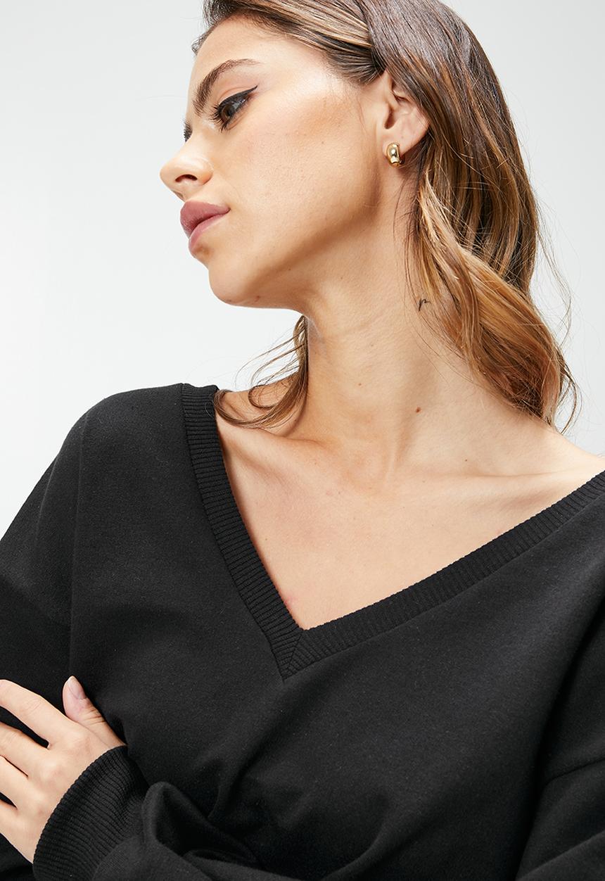Blake - Soft v-neck waist tie sweater - black