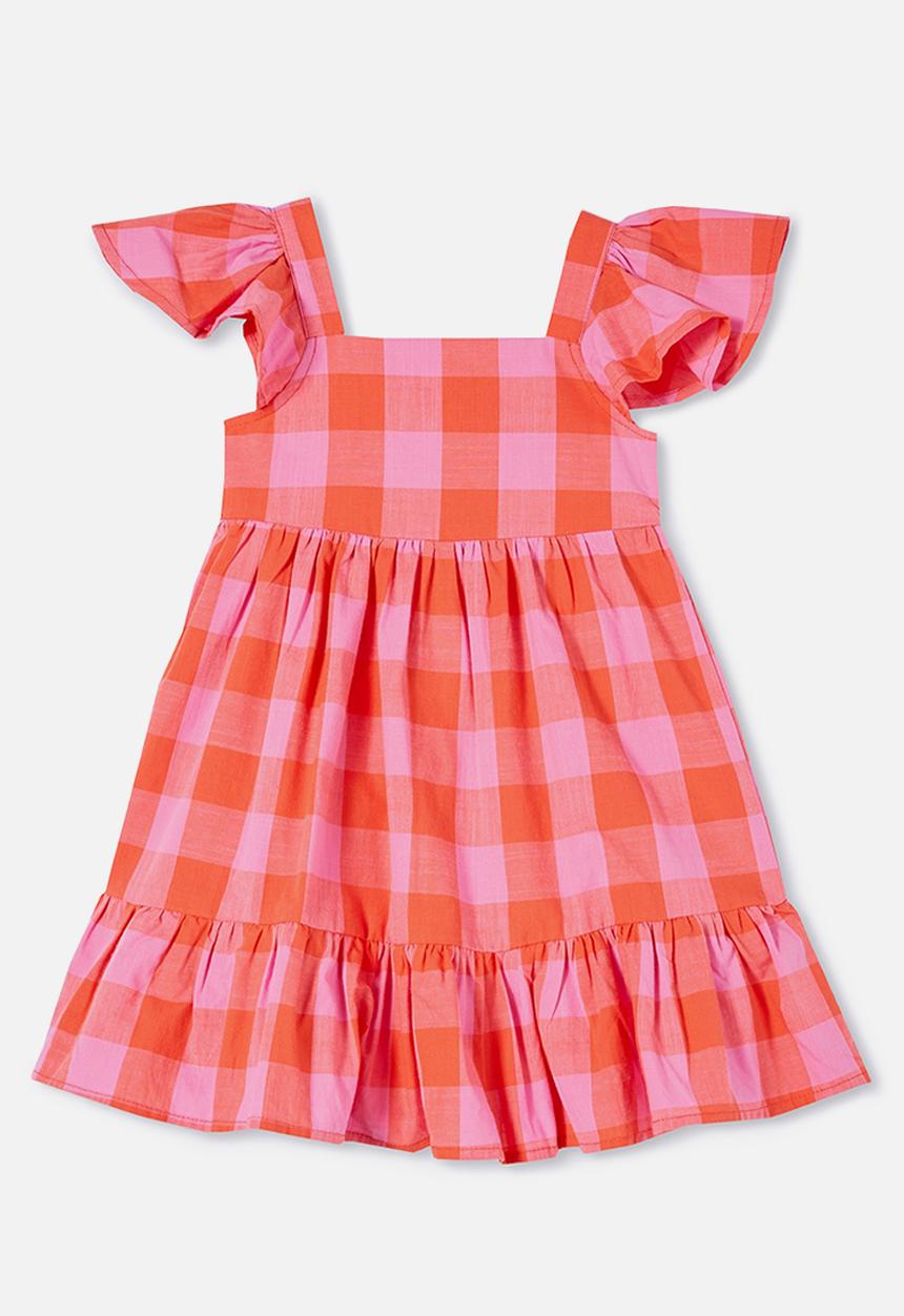 Cotton On - Cady short sleeve dress  - red orange/pink gerbera check