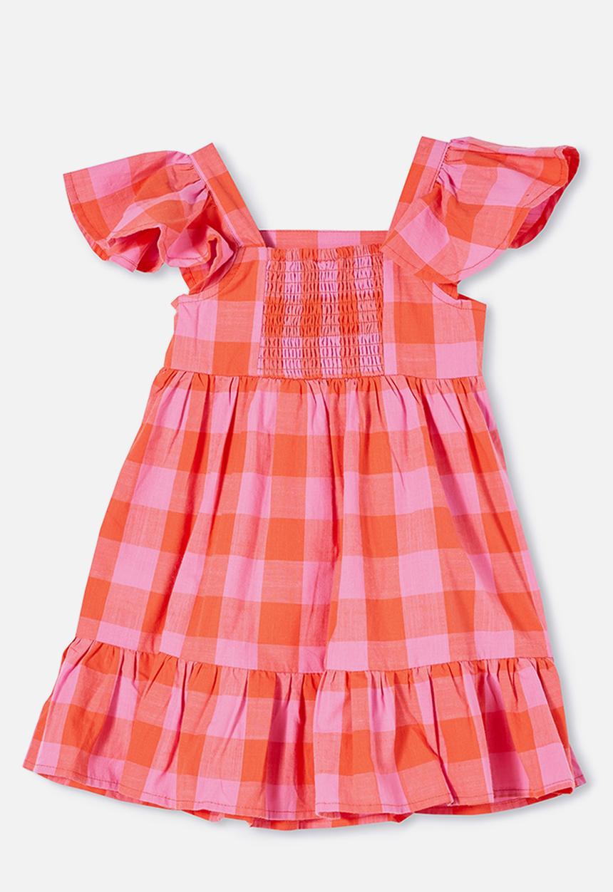Cotton On - Cady short sleeve dress  - red orange/pink gerbera check