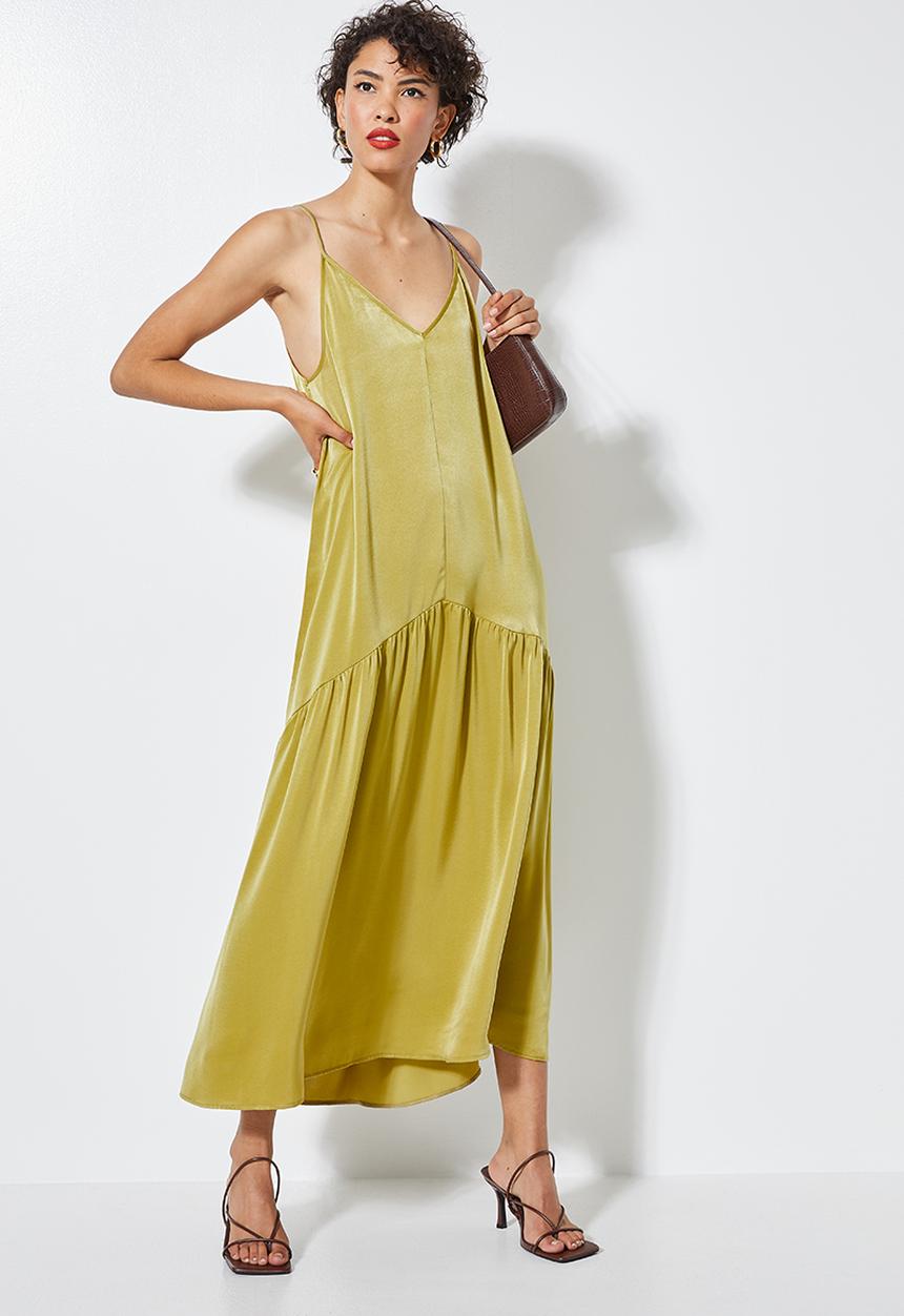 VELVET - Satin cami drop waisted dress - khaki