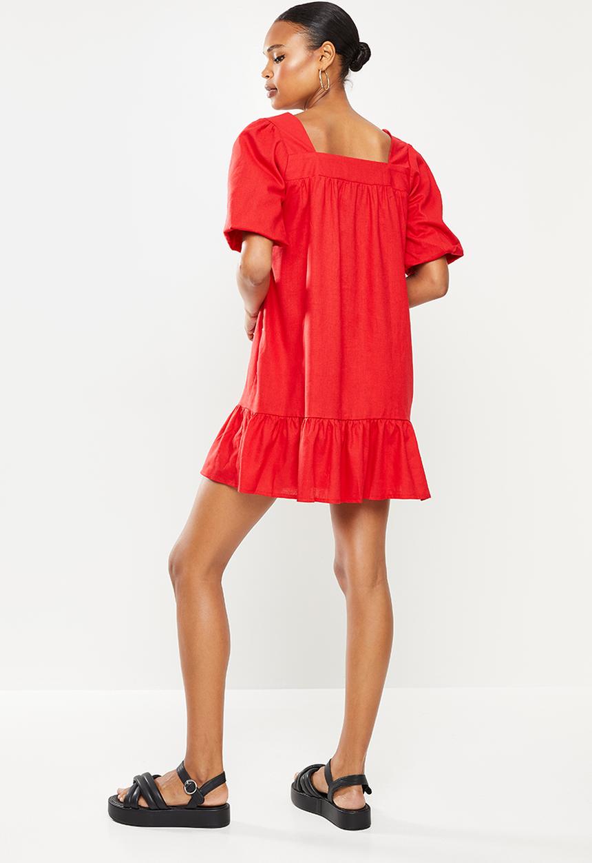 Missguided - Shirred puff sleeve mini dress - red
