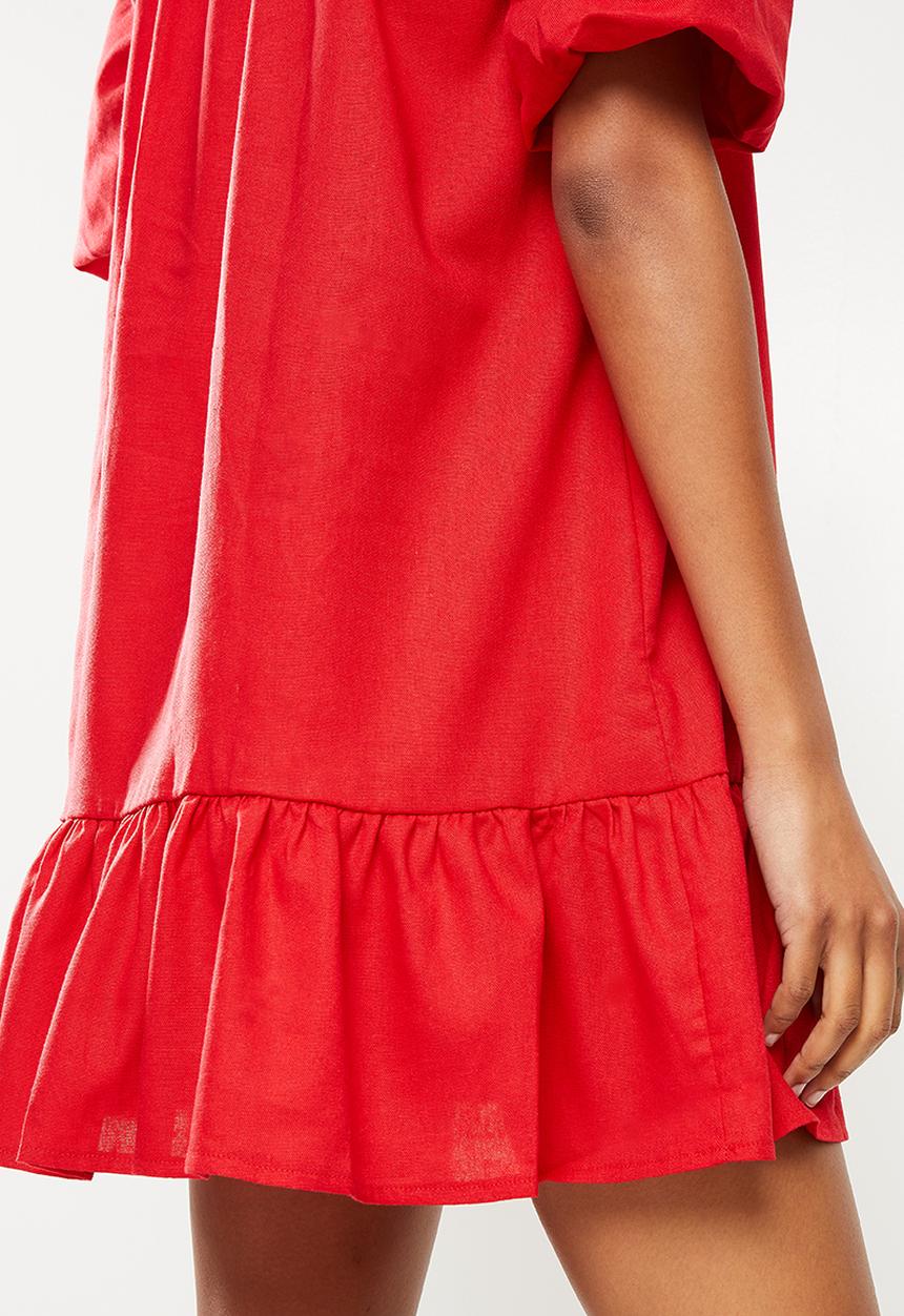 Missguided - Shirred puff sleeve mini dress - red