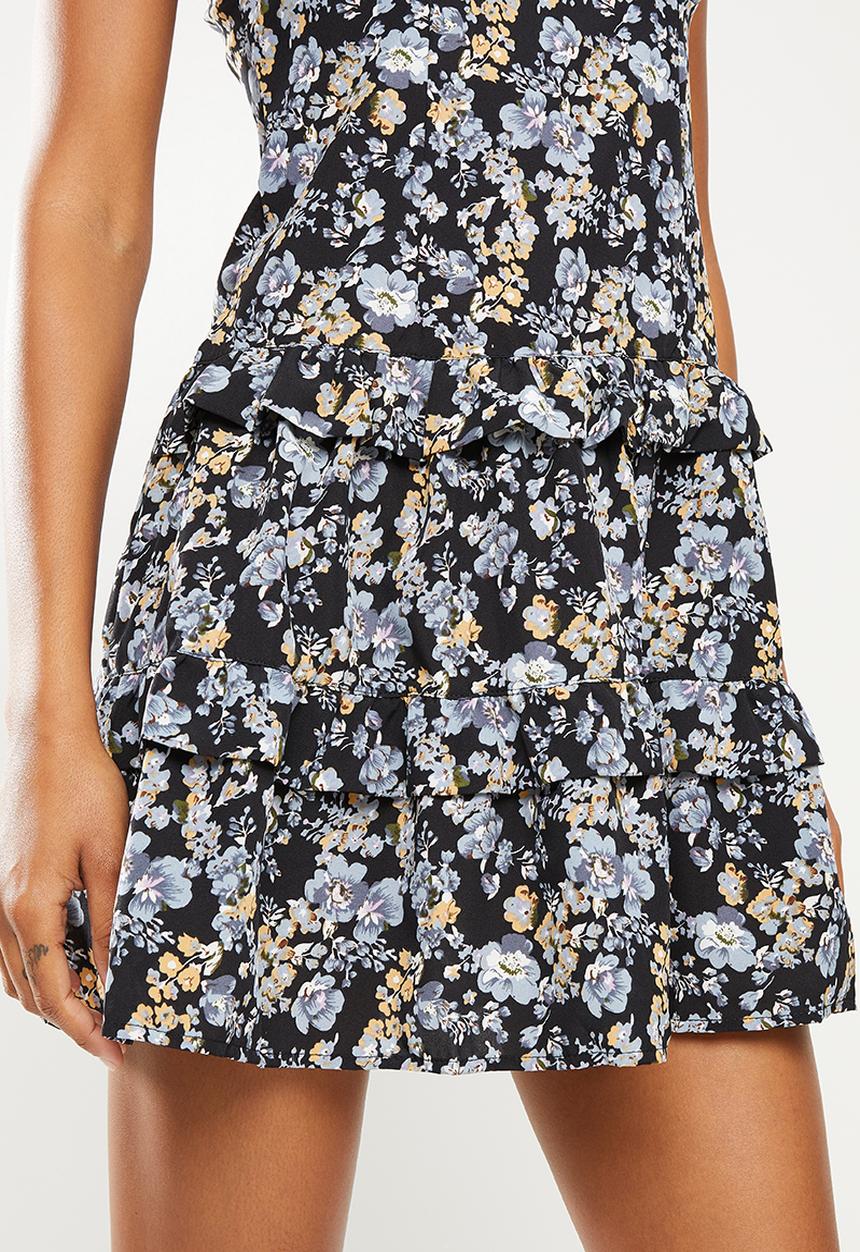Missguided - Floral layered frill mini dress - black
