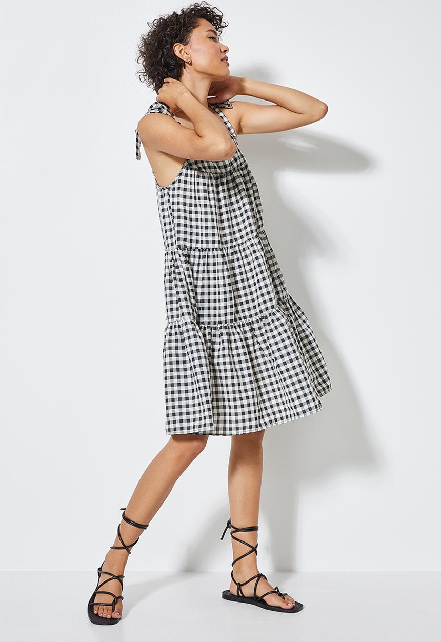Superbalist - Tie strap tiered mini dress - black gingham
