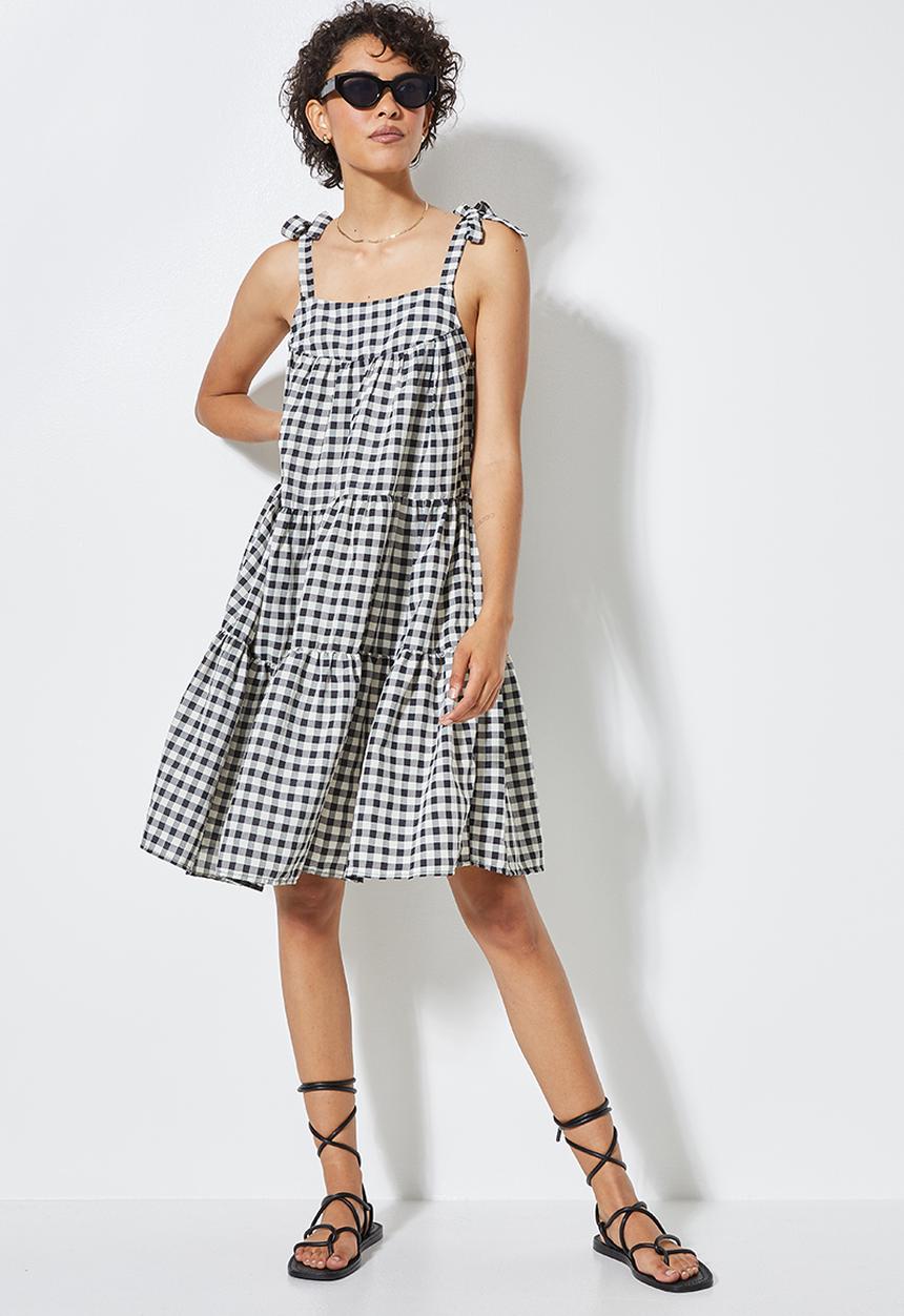 Superbalist - Tie strap tiered mini dress - black gingham