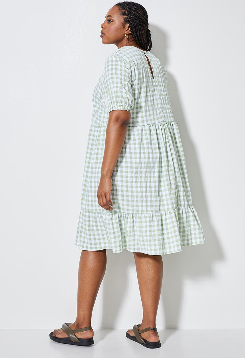 Superbalist - Woven gingham ruffle dress - green & white