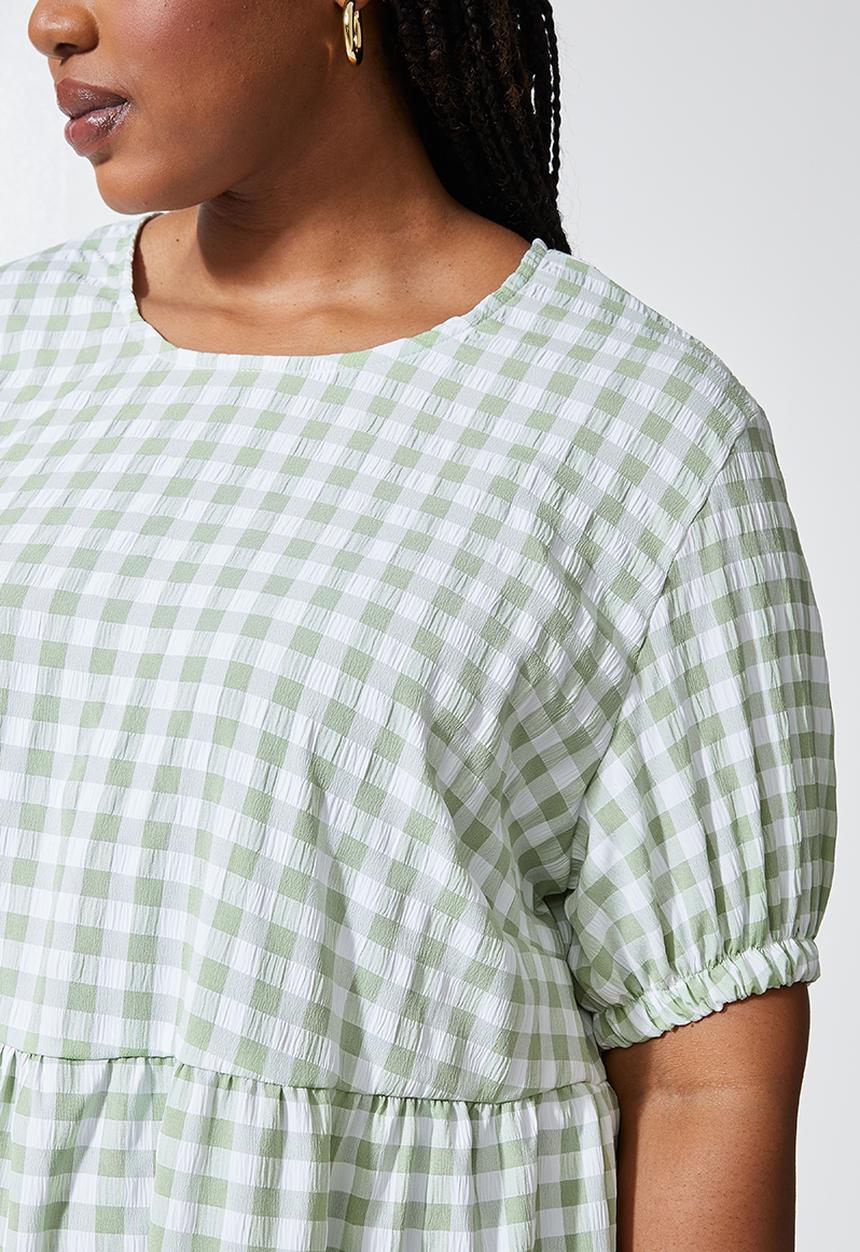 Superbalist - Woven gingham ruffle dress - green & white