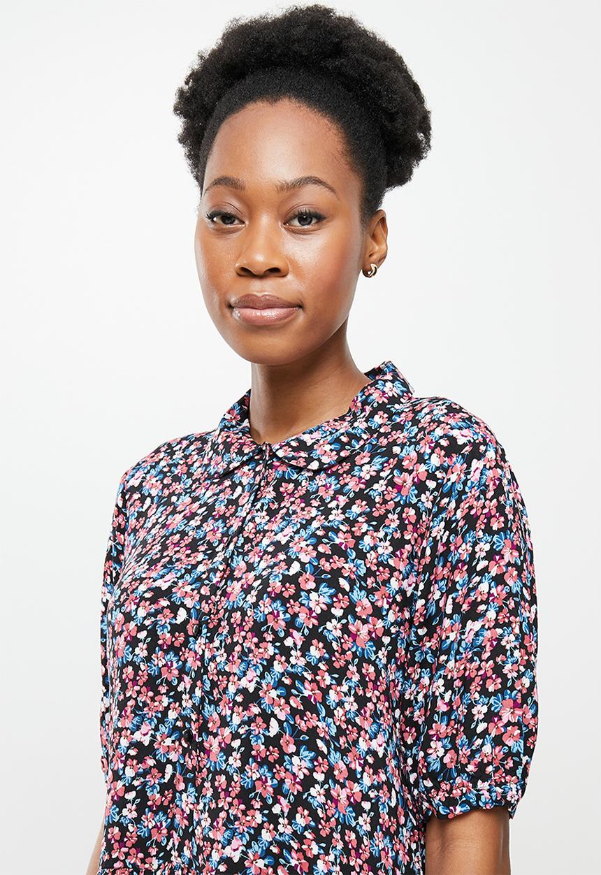 Jacqueline de Yong - Irene short sleeve shirt dress - black small flower
