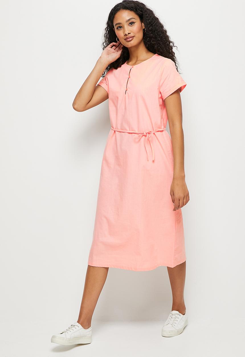 edit - Roll sleeve cotton fit & flare midi - pink