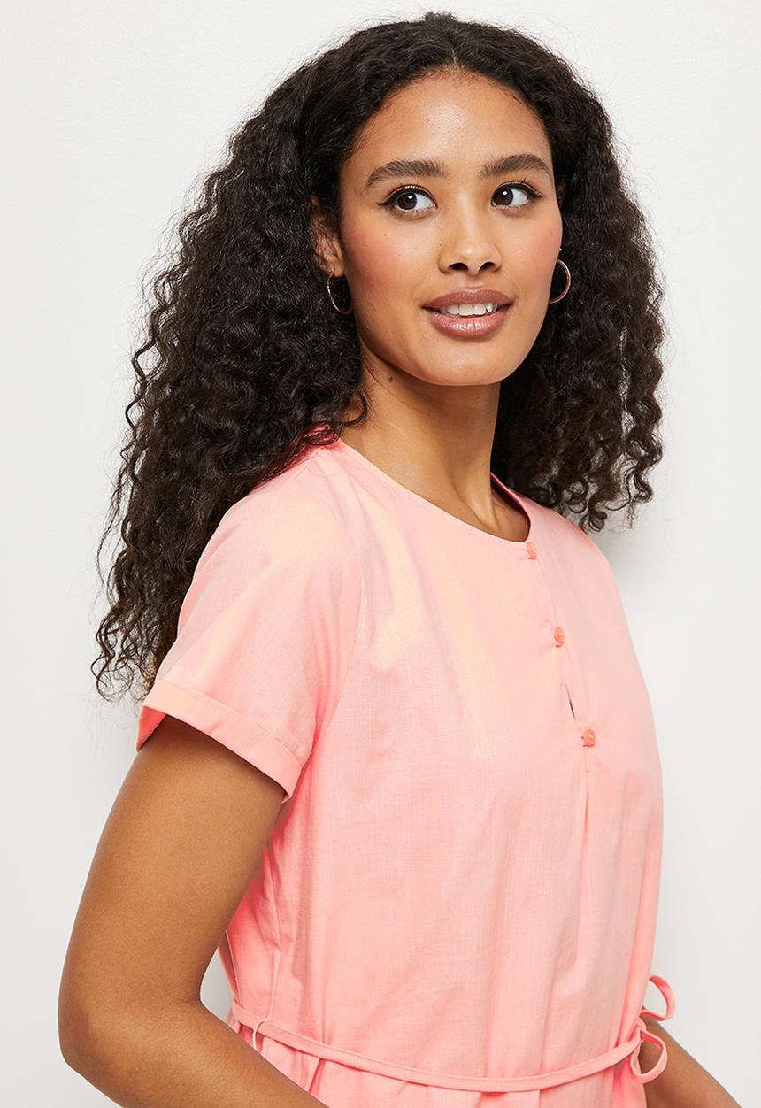 edit - Roll sleeve cotton fit & flare midi - pink