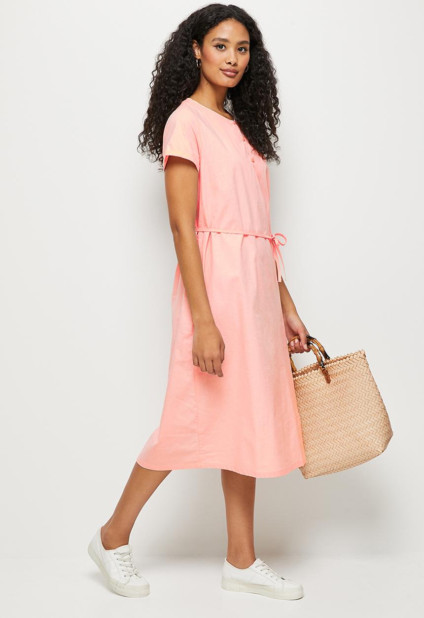 edit - Roll sleeve cotton fit & flare midi - pink