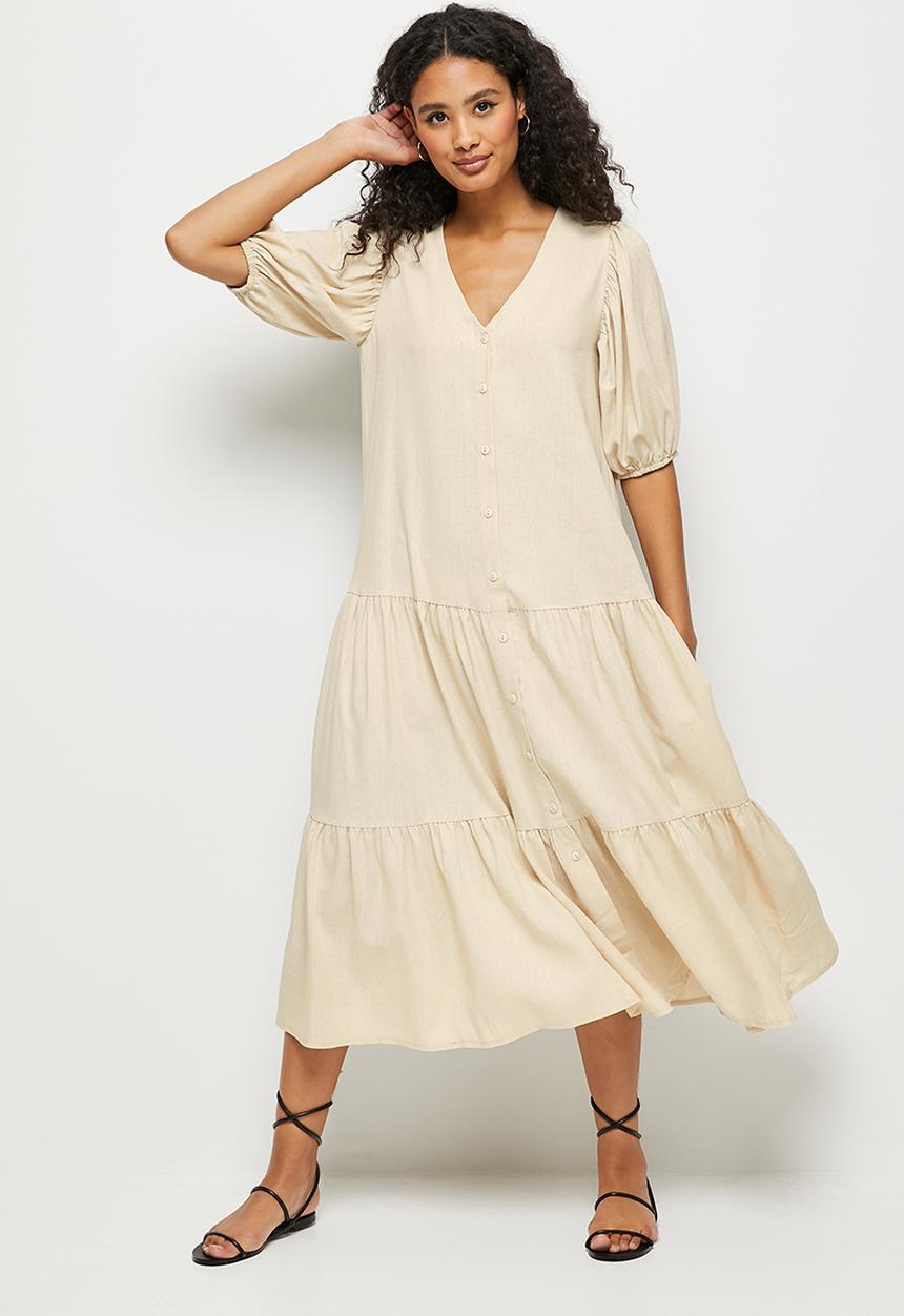 edit - Linen puff sleeve tiered midaxi - stone