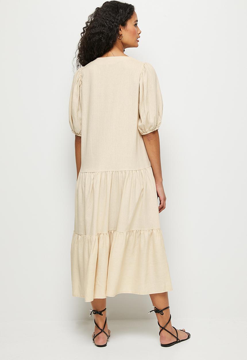 edit - Linen puff sleeve tiered midaxi - stone