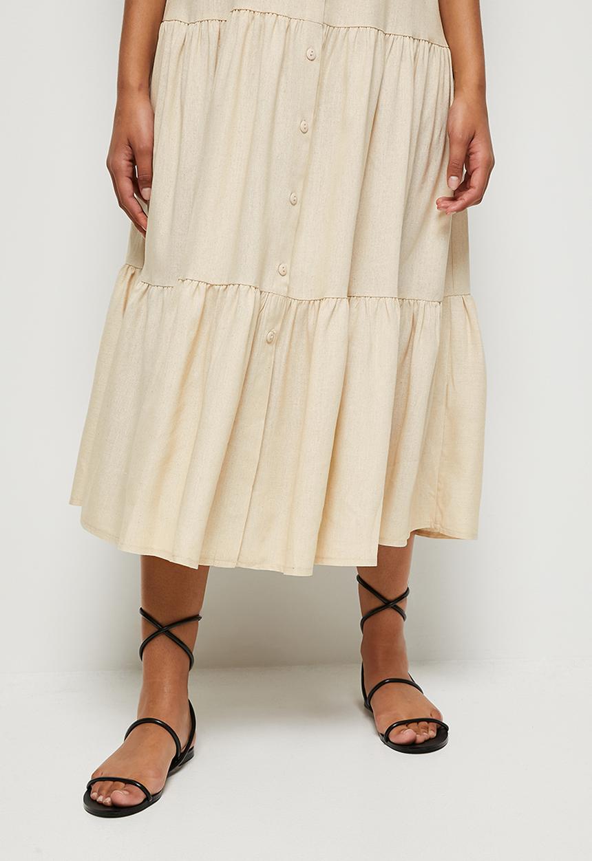 edit - Linen puff sleeve tiered midaxi - stone