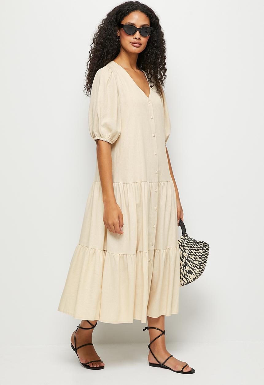 edit - Linen puff sleeve tiered midaxi - stone