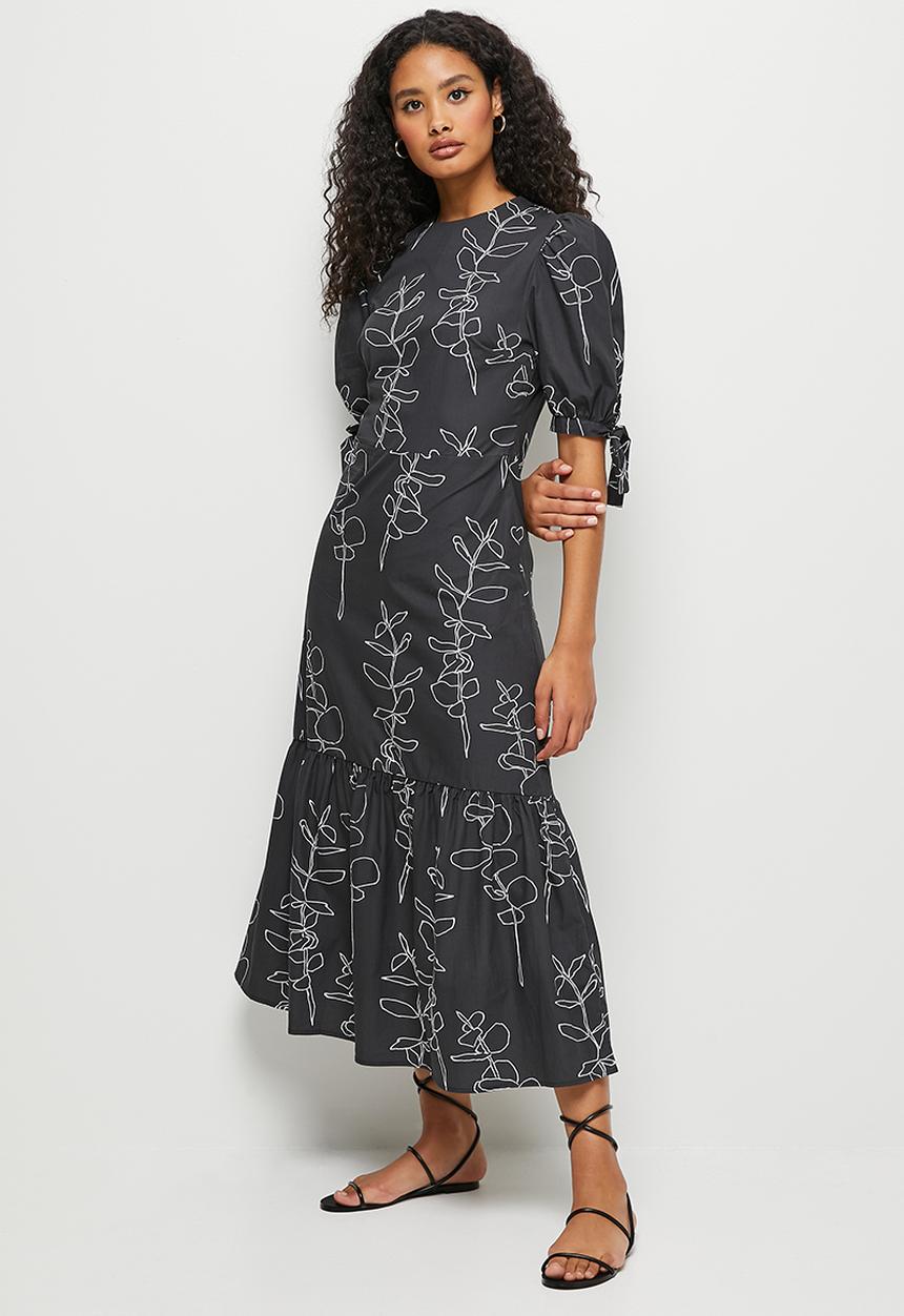 edit - Poplin tie sleeve tiered midi - black 